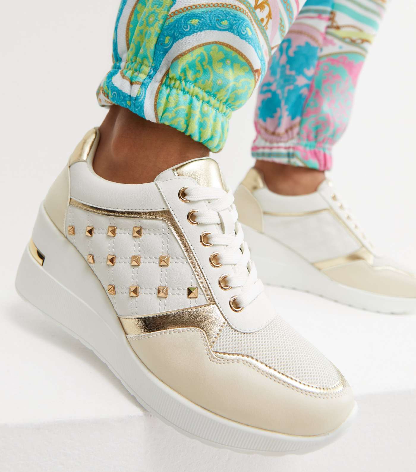 Terminal Two Glam White Stud Wedge Trainers