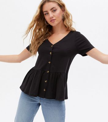 V Neck Button Front Peplum T-Shirt 