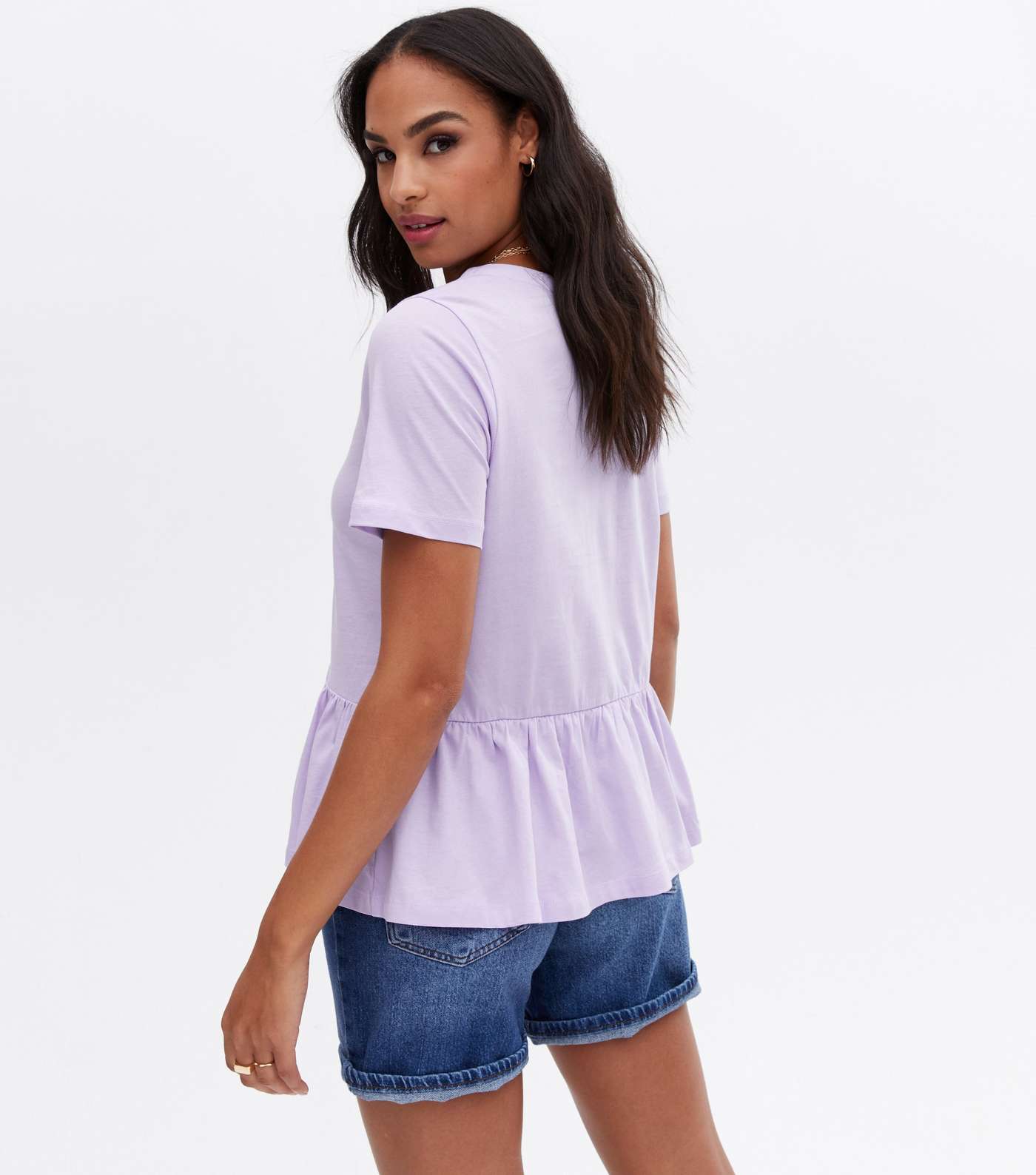 Lilac V Neck Button Front Peplum T-Shirt Image 4