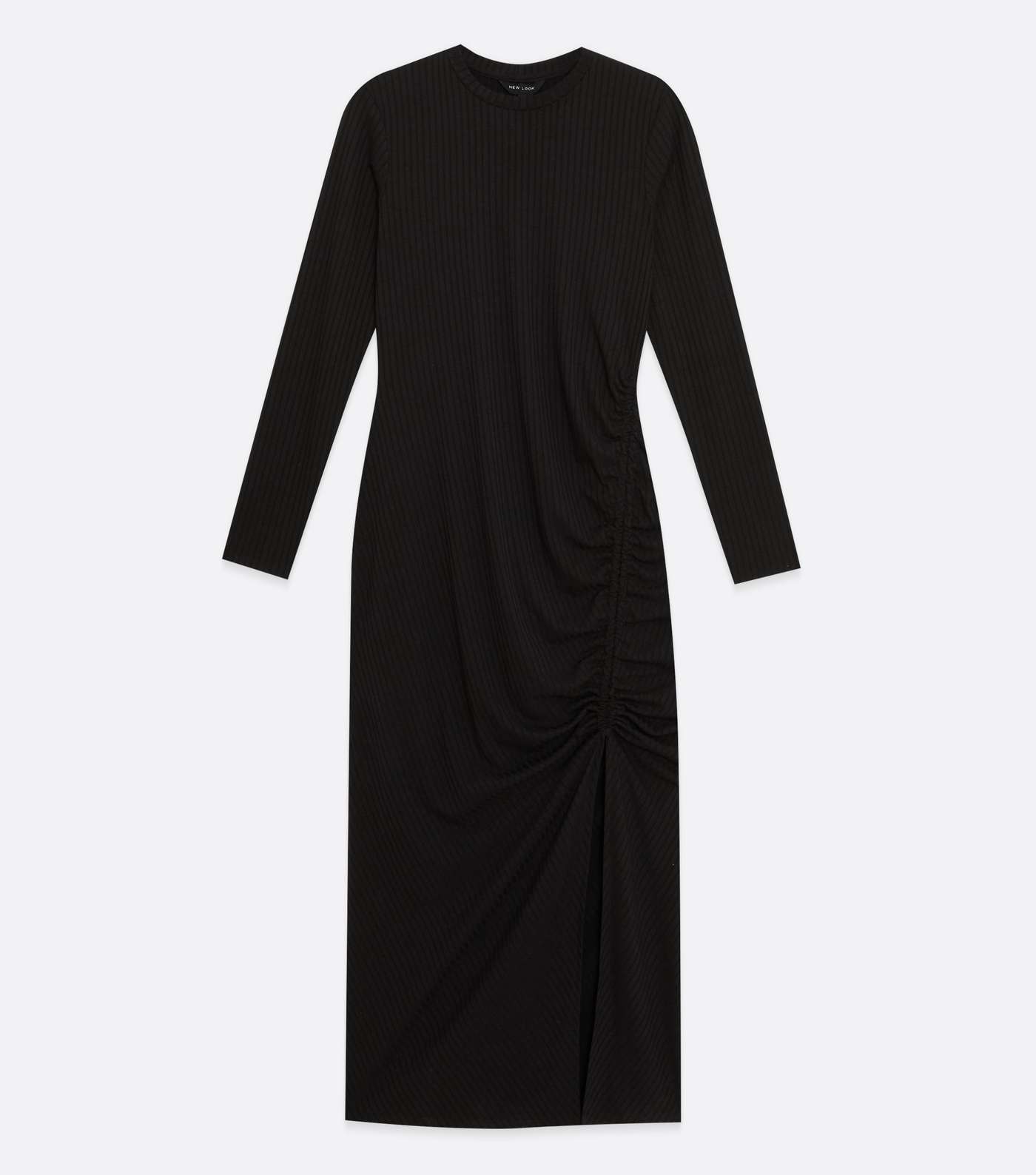 Black Ribbed Jersey Ruched Side Midi Dress Image 5