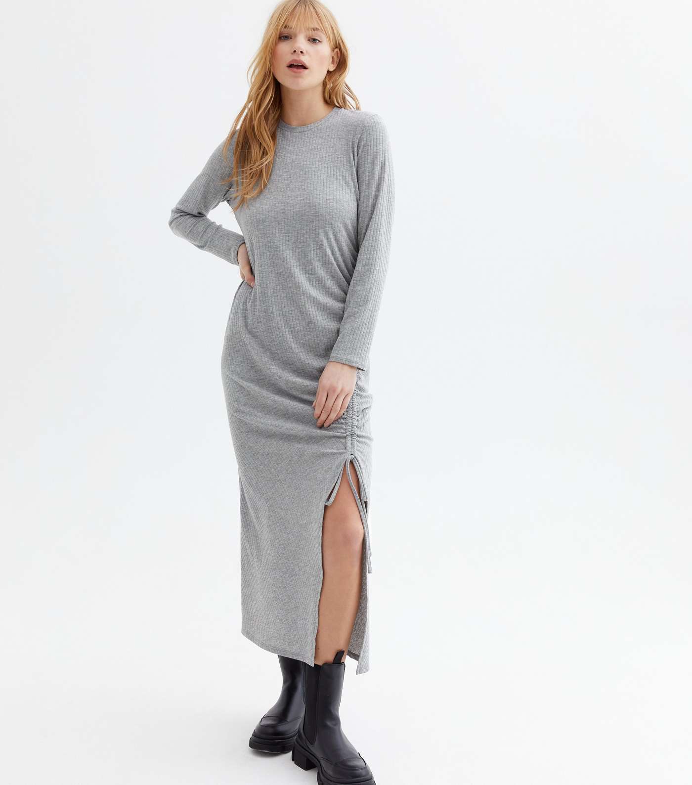 Grey Ribbed Jersey Ruched Side Midi Dress