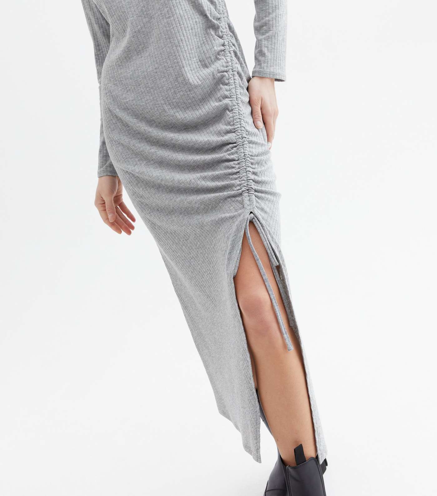 Grey Ribbed Jersey Ruched Side Midi Dress Image 3