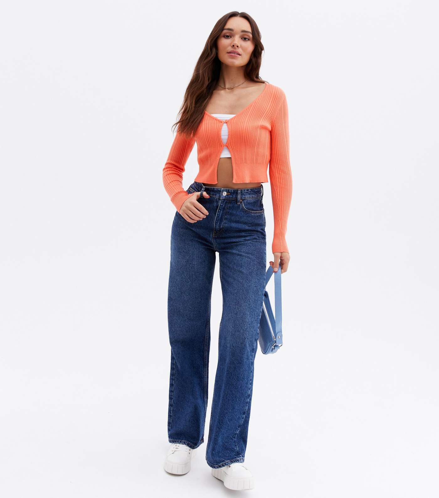 Coral Ribbed Double Button Crop Cardigan Image 2