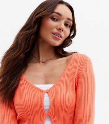 Coral Ribbed Double Button Crop Cardigan New Look