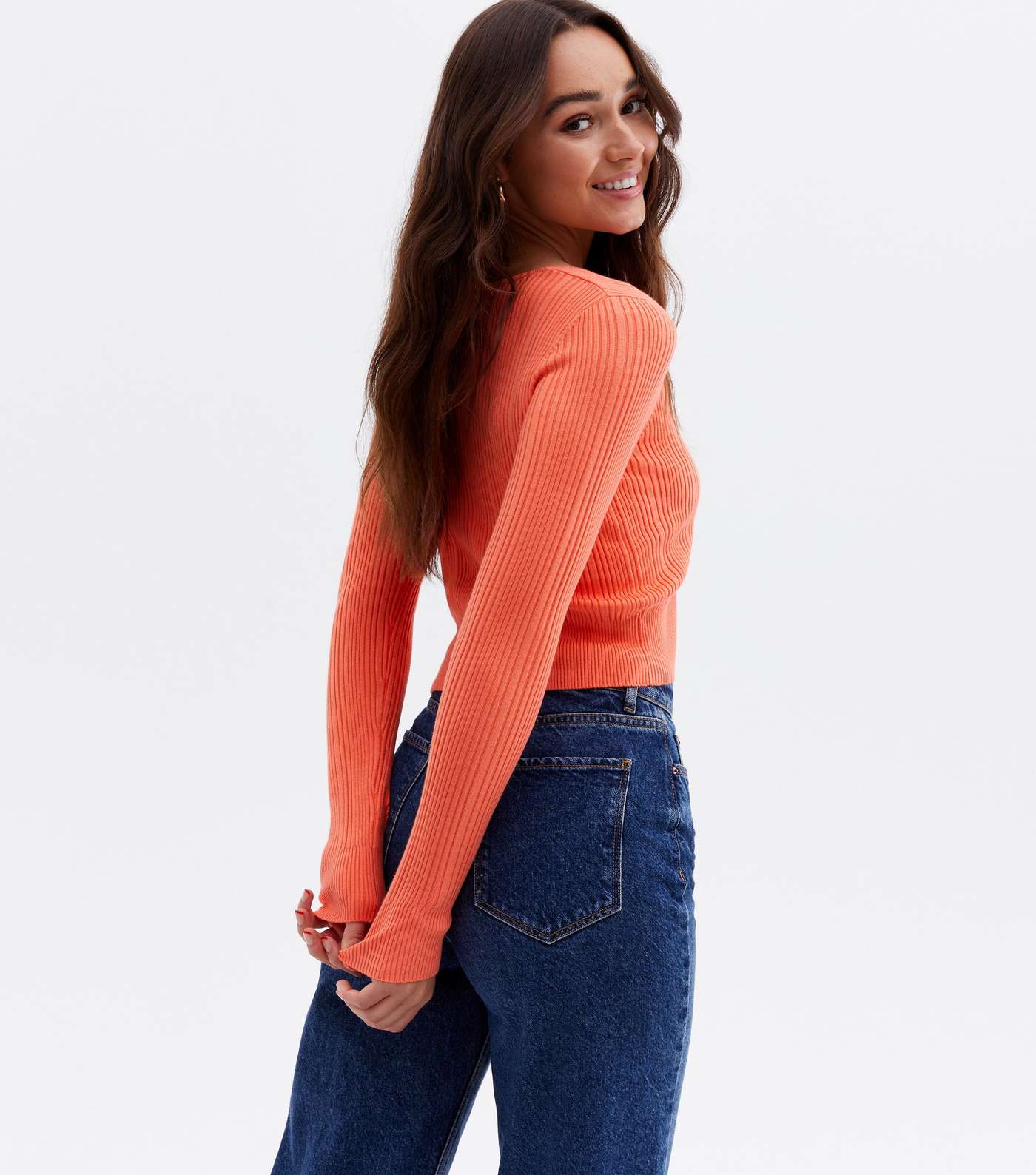 Coral Ribbed Double Button Crop Cardigan Image 4