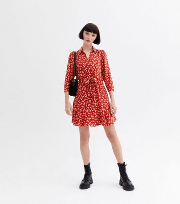 Damen Bekleidung Red Ditsy Floral Tie Front Mini Shirt Dress Damen Bekleidung Red Ditsy Floral Tie Front Mini Shirt Dress