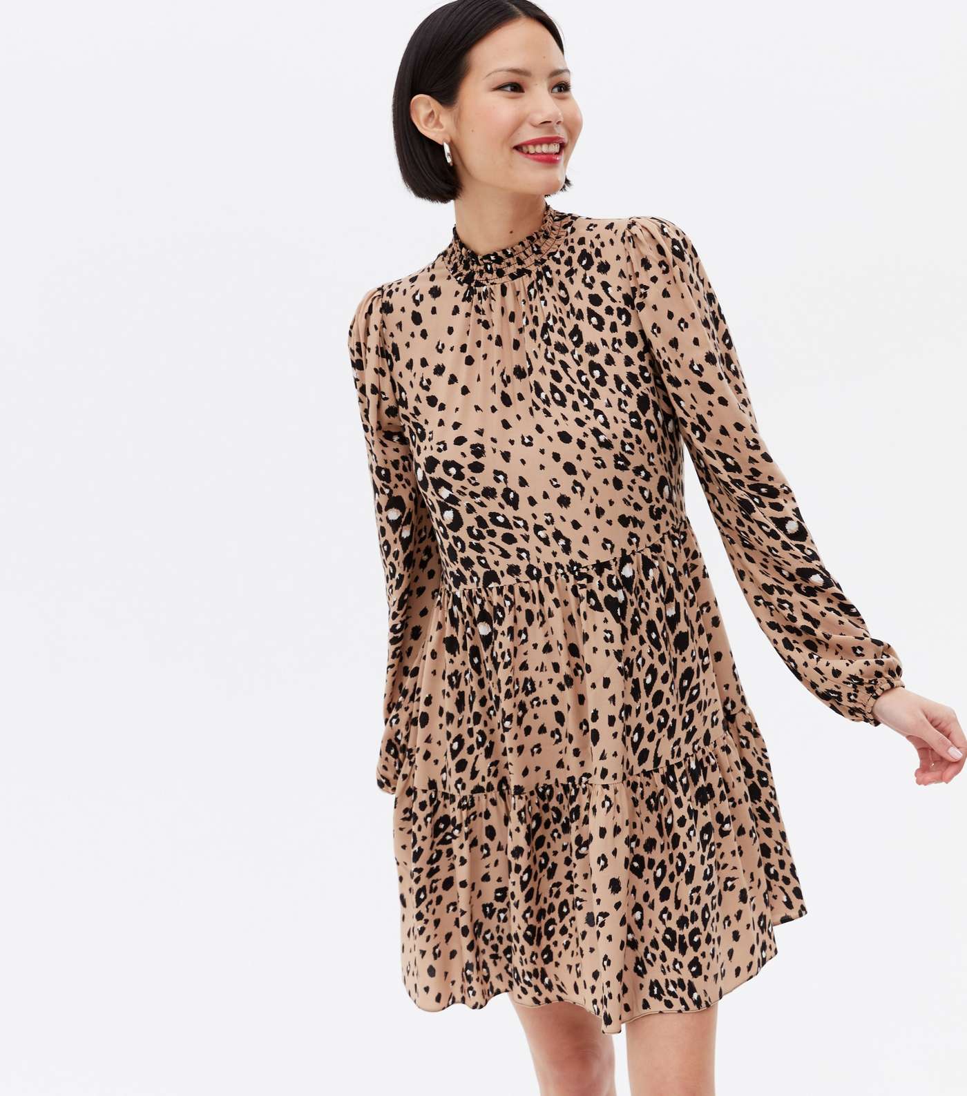 Brown Leopard Print High Neck Tiered Mini Smock Dress