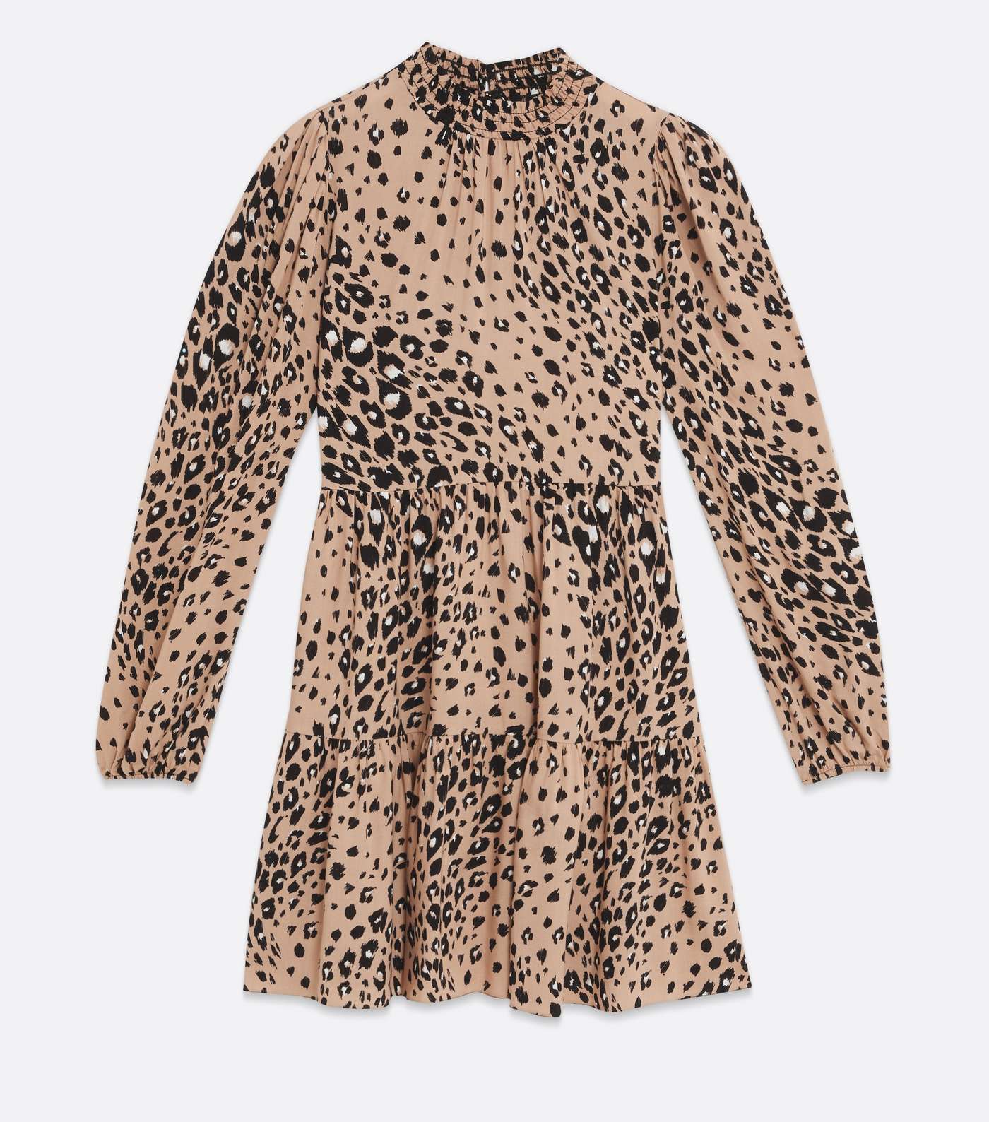 Brown Leopard Print High Neck Tiered Mini Smock Dress Image 5