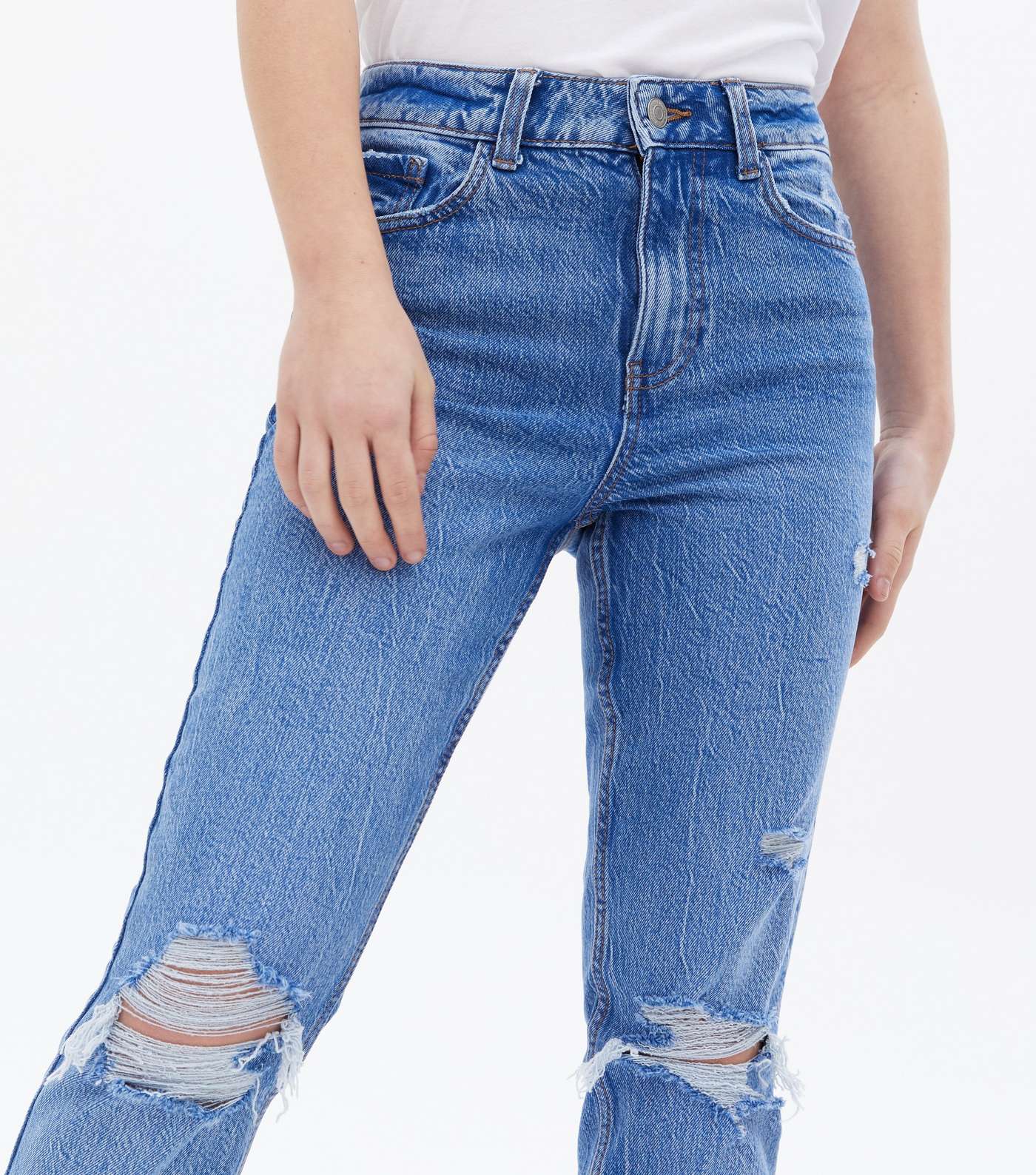 Girls Bright Blue Ripped Slim Fit Tori Mom Jeans Image 3