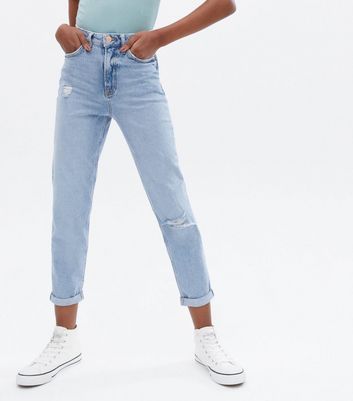 Girls Blue Mid Wash Ripped Slim Fit Tori Mom Jeans | New Look
