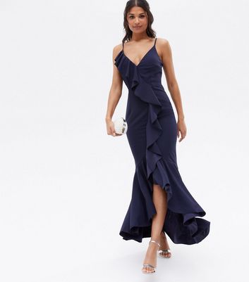 Little Mistress Navy Ruffle V Neck Maxi 