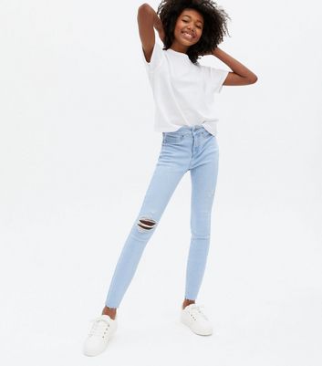 Girls Pale Blue Ripped High Waist Hallie Super Skinny Jeans New Look