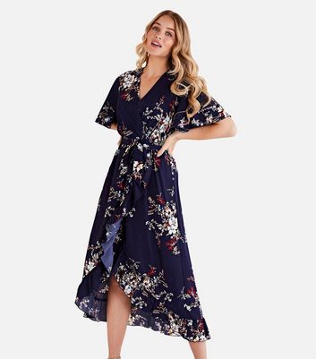 Mela Navy Floral Frill Dip Hem Maxi Wrap Dress New Look