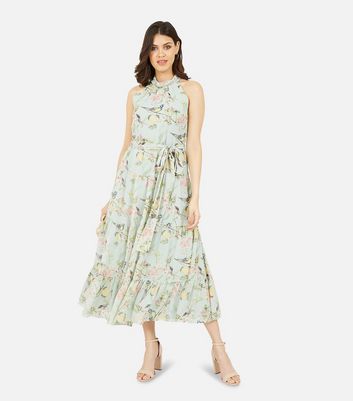 Yumi Mint Green Floral Bird Halter Neck Midi Dress New Look