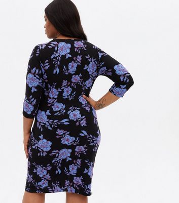 Blue Vanilla Curves Blue Floral Ruched Wrap Dress New Look