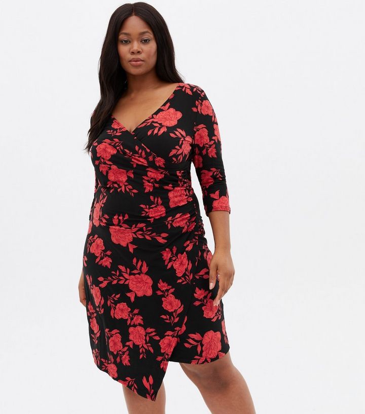 Spectacle Night Discourse Blue Vanilla Curves Red Floral Ruched Wrap Dress | New Look