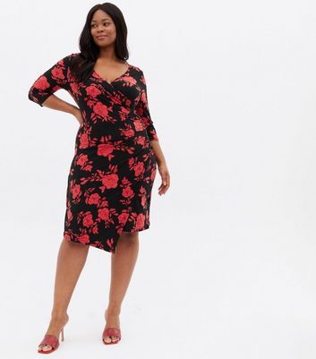 Blue Vanilla Curves Red Floral Ruched Wrap Dress New Look