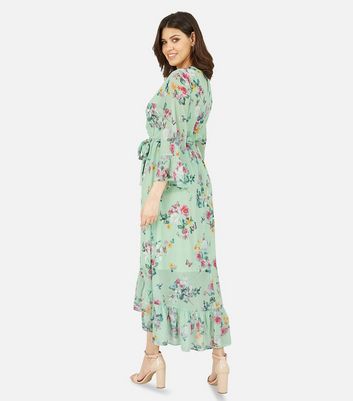 Yumi Mint Green Floral Dip Hem Midaxi Wrap Dress New Look