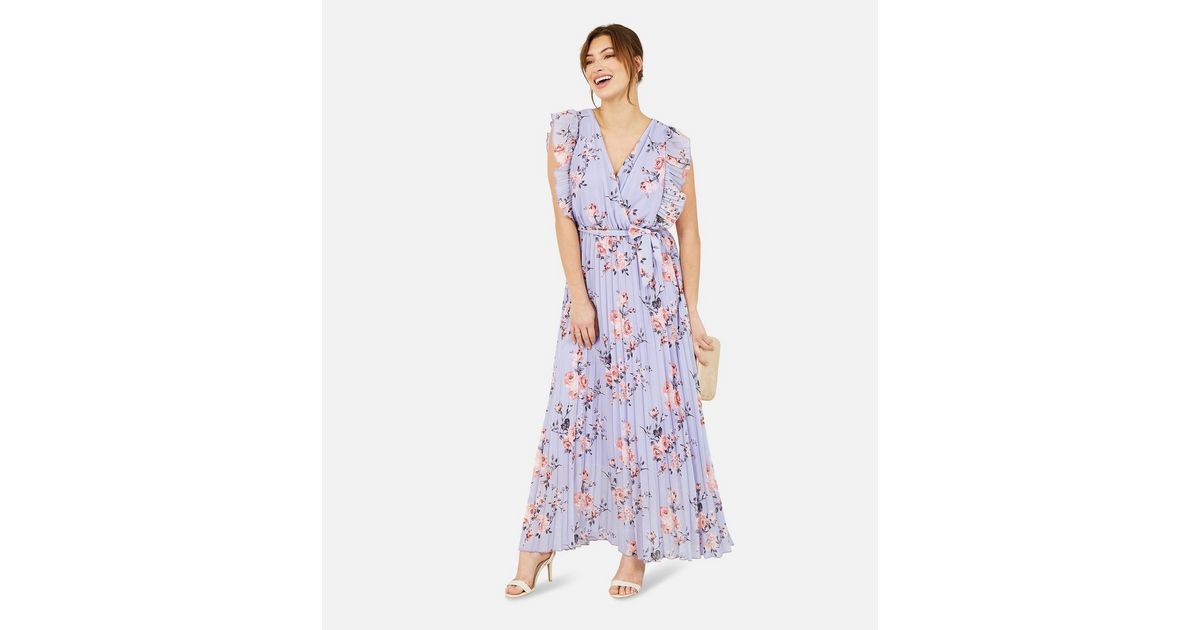 Yumi Lilac Floral Pleated Frill Sleeve Maxi Wrap Dress | New Look