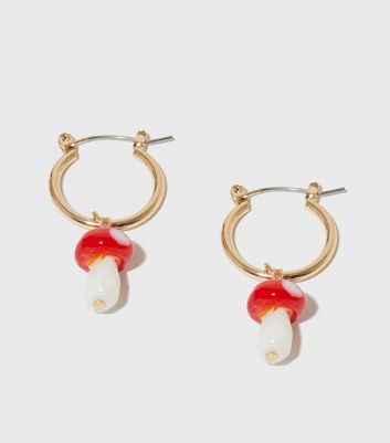 Red Mushroom Charm Hoop Earrings | New Look