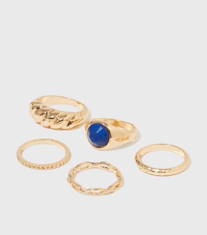 Faux Stack Rings 5 Pack Gold Faux Blue Stone Stacking Rings | New Look