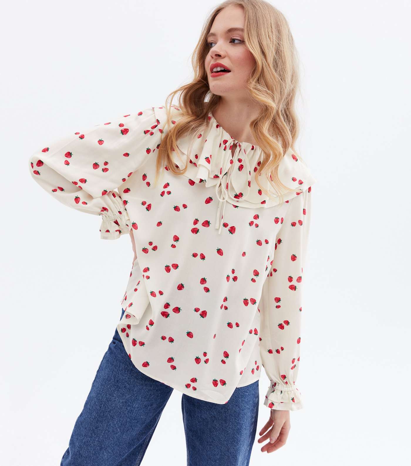 Off White Strawberry Frill Collar Blouse Image 3