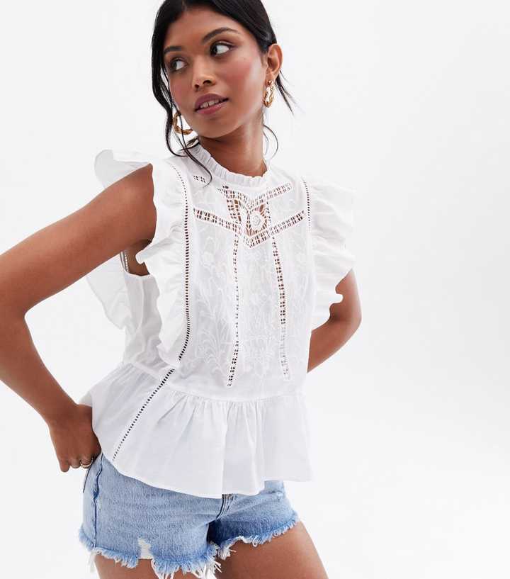 White Cutwork Frill Peplum Top