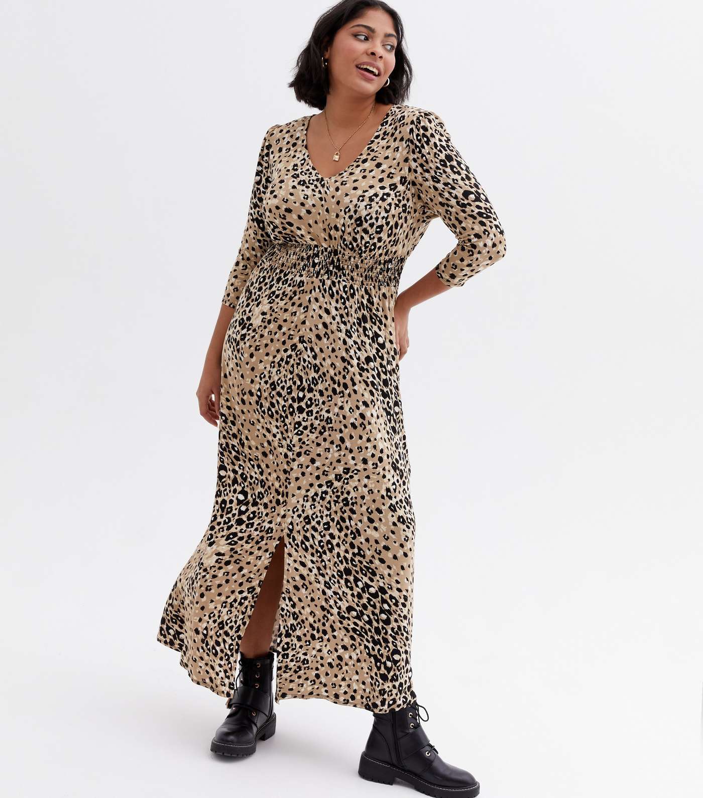 Curves Brown Leopard Print Shirred Midi Dress