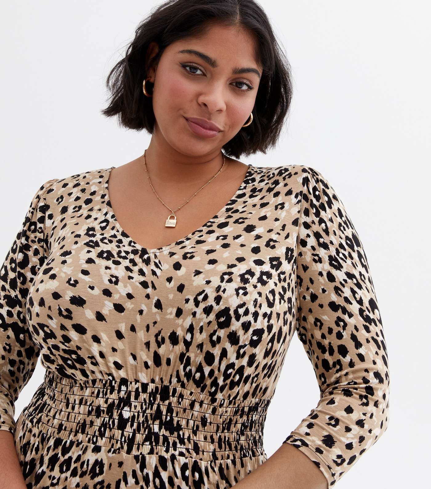 Curves Brown Leopard Print Shirred Midi Dress Image 3