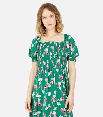 Yumi Green Floral Shirred Tiered Midi Dress New Look