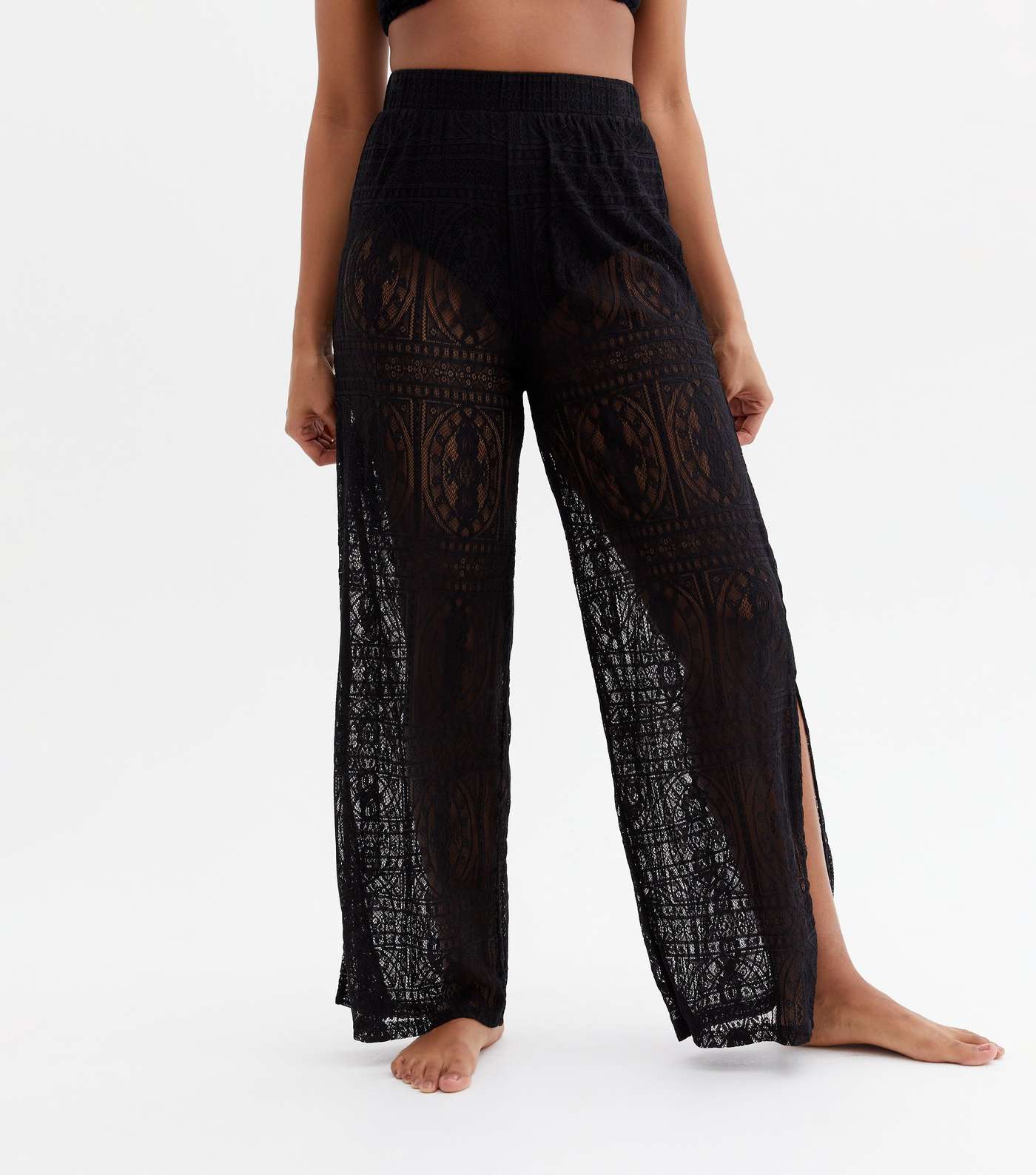 Black Crochet Split Hem Wide Leg Beach Trousers Image 2