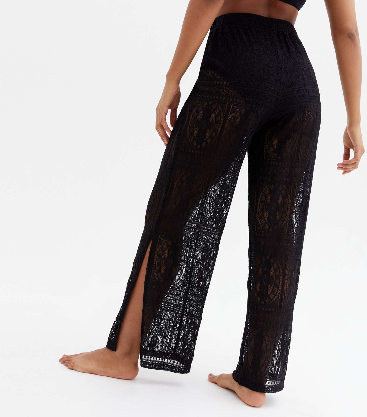 Black Crochet Split Hem Wide Leg Beach Trousers Image 4