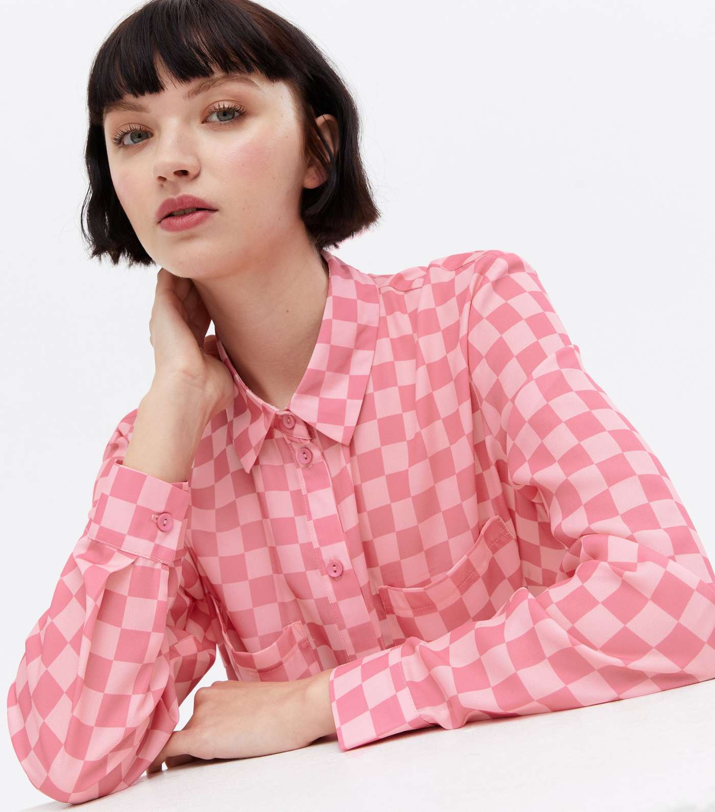 Pink Checkerboard Tie Front Long Sleeve Shirt