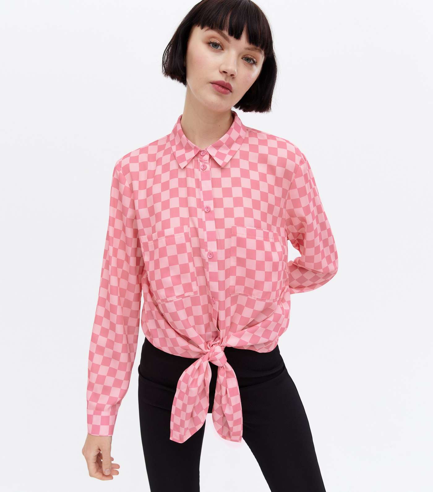 Pink Checkerboard Tie Front Long Sleeve Shirt Image 3