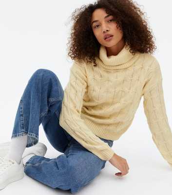 Blue Vanilla Stone Cable Knit Roll Neck Crop Jumper