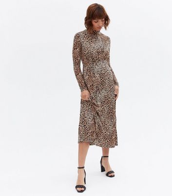 Brown Leopard Print Jersey High Neck Midi Dress New Look