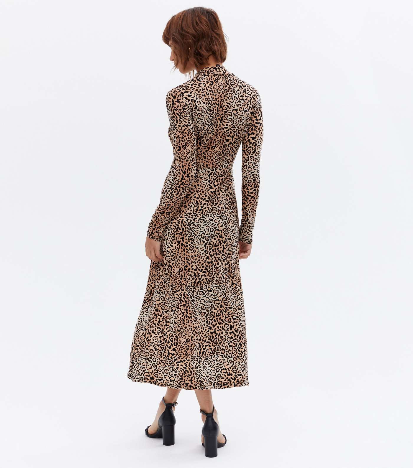 Brown Leopard Print Jersey High Neck Midi Dress Image 4