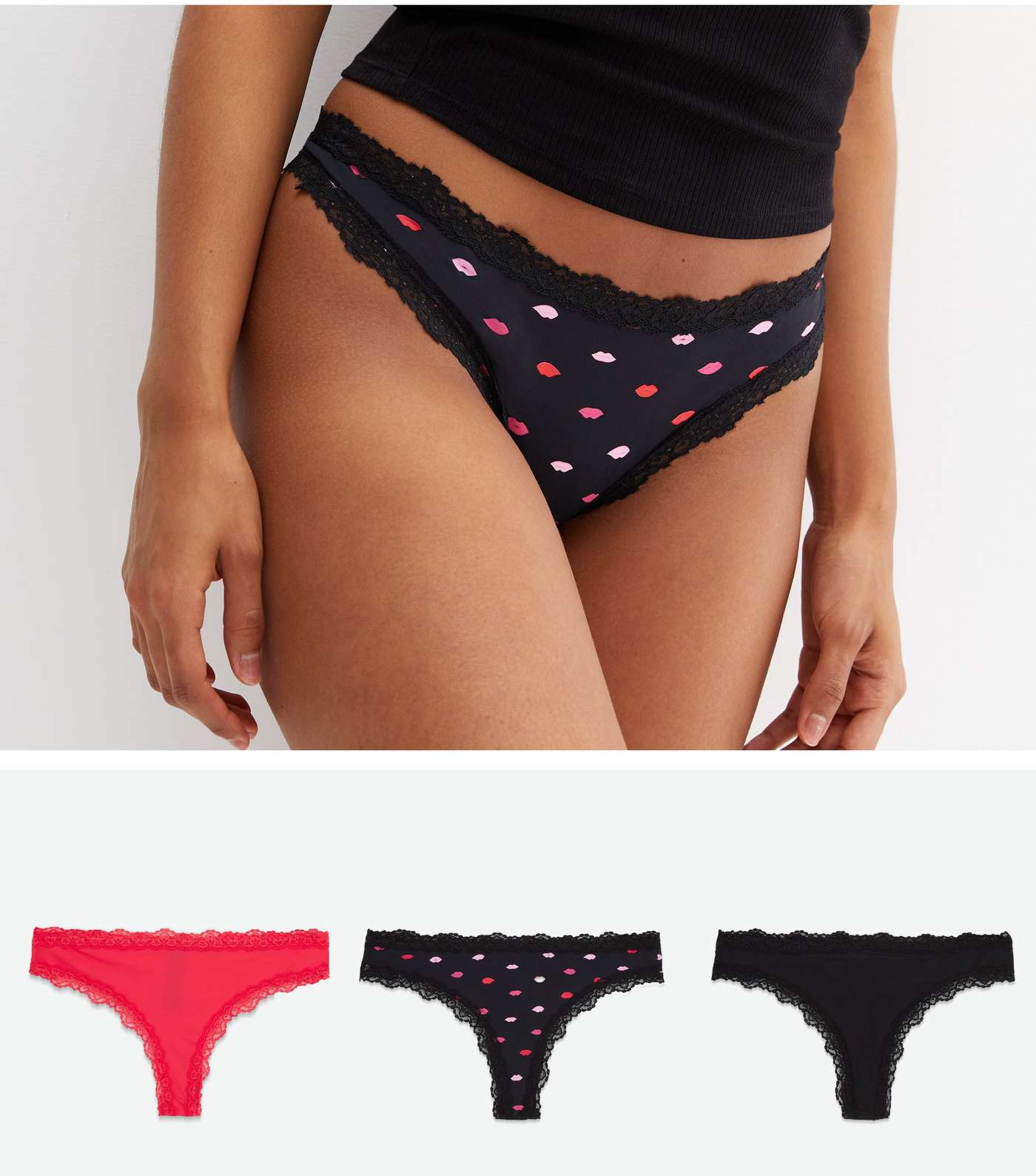 3 Pack Black and Red Lips Print Lace Trim Thongs