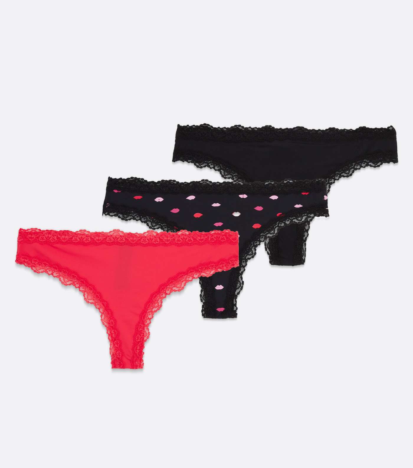 3 Pack Black and Red Lips Print Lace Trim Thongs Image 5