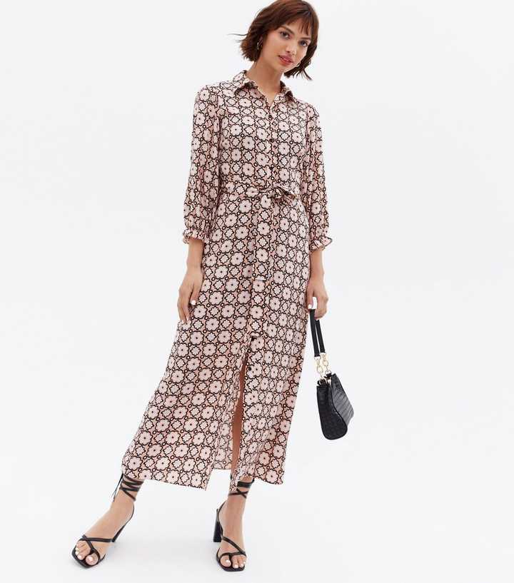 Pink Geometric Tie Waist Midaxi Shirt Dress