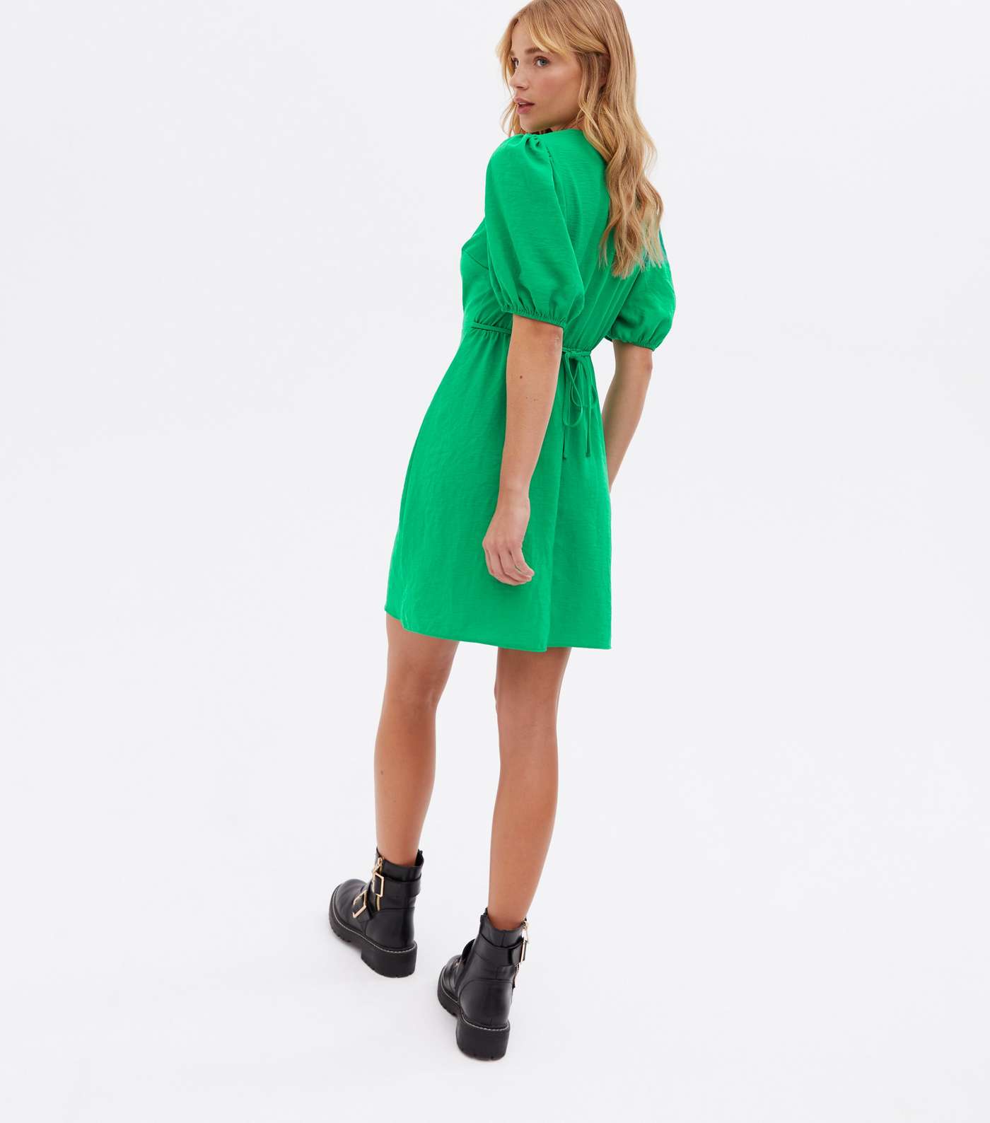 Green Herringbone Button Side Mini Wrap Dress Image 4