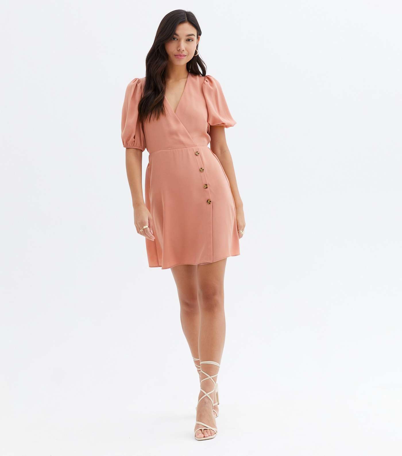 Pale Pink Herringbone Button Side Mini Wrap Dress Image 2