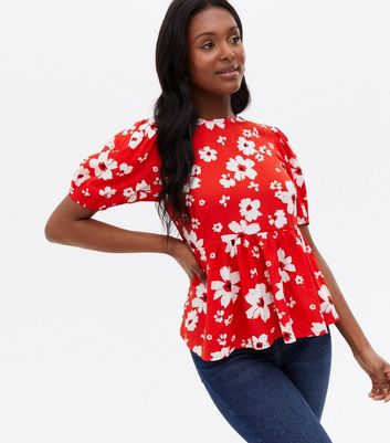 Click to view product details and reviews for Red Floral Puff Sleeve Peplum Blouse New Look.