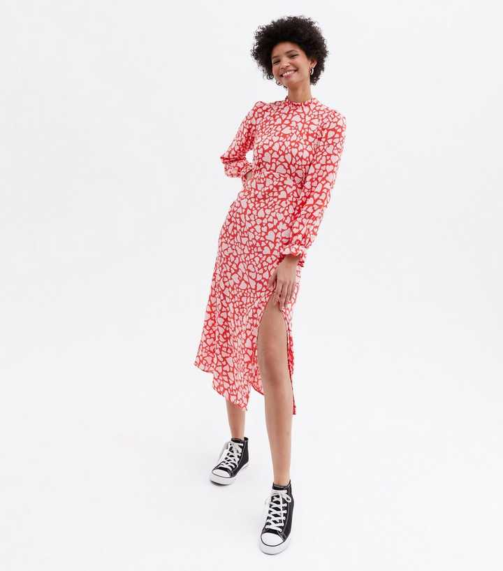 NEW LOOK Black Red Heart Print Tie Front Balloon Sleeve Midi Dress