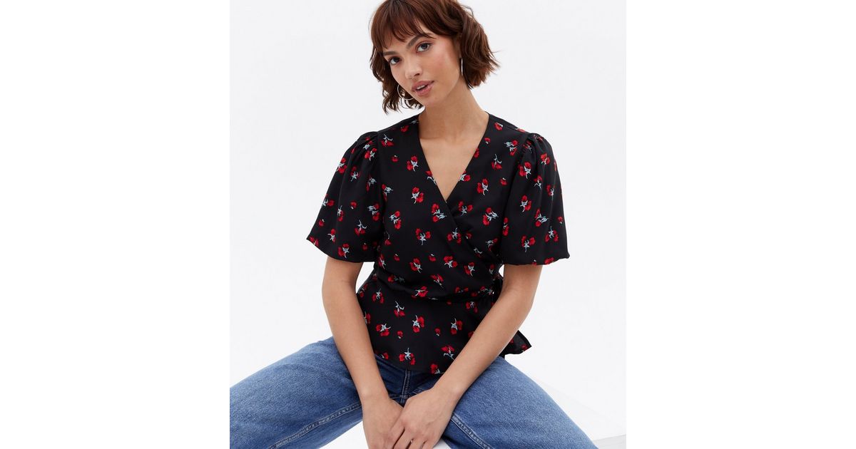 Black Floral Peplum Wrap Blouse New Look