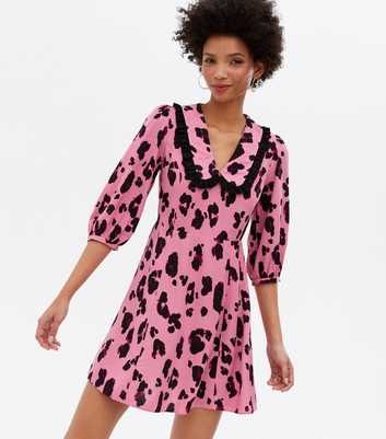 Pink Leopard Print Frill Collar Mini Tea Dress
