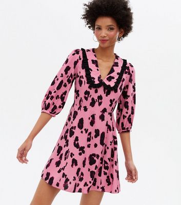 Pink Leopard Print Frill Collar Mini Tea Dress New Look