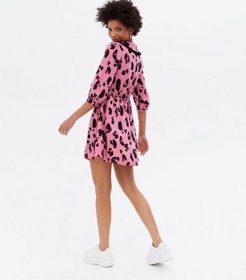 Pink Leopard Print Frill Collar Mini Tea Dress New Look