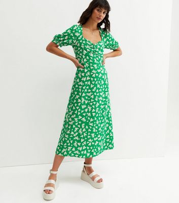 Green Heart Tie Back Ruched Midi Dress