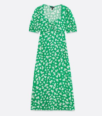 green heart print ruched midi dress